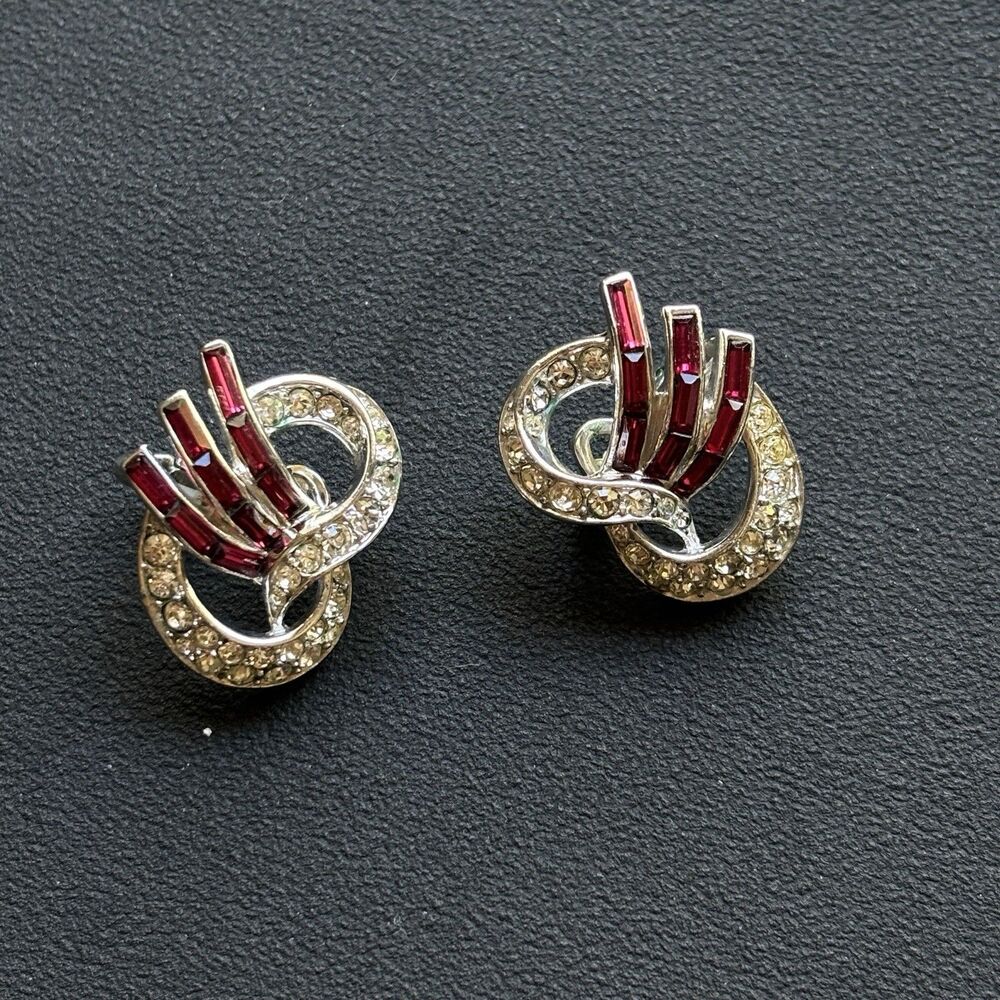 RARE! Crown Trifari Red Baguette Rhinestone Silver Tone Heart Earrings